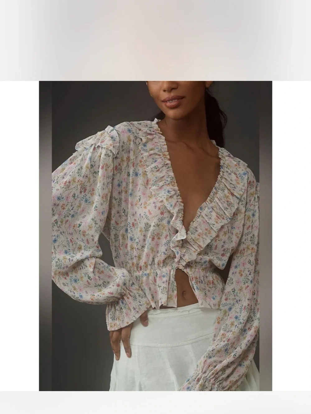 Anthropologie Cream Pastel Floral Ruffle V-Neck Blouse